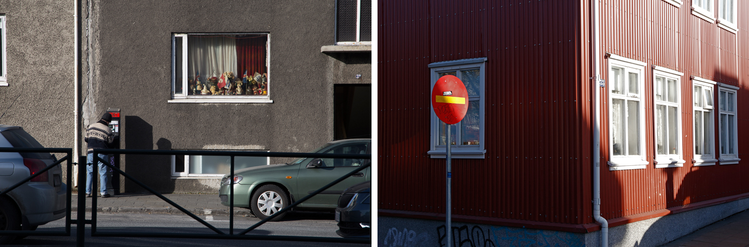 Links: In Reykjavík bezahlt ein Mann seinen Parkschein und steht dabei unter einem Fenster, das mit Porzellanfiguren gefüllt ist. Rechts: Ein leuchtend rotes 'Einfahrt verboten'-Schild hat dieselbe Farbe wie eine Hausfassade, die im typisch nordischen Stil aus Wellblech errichtet wurde.