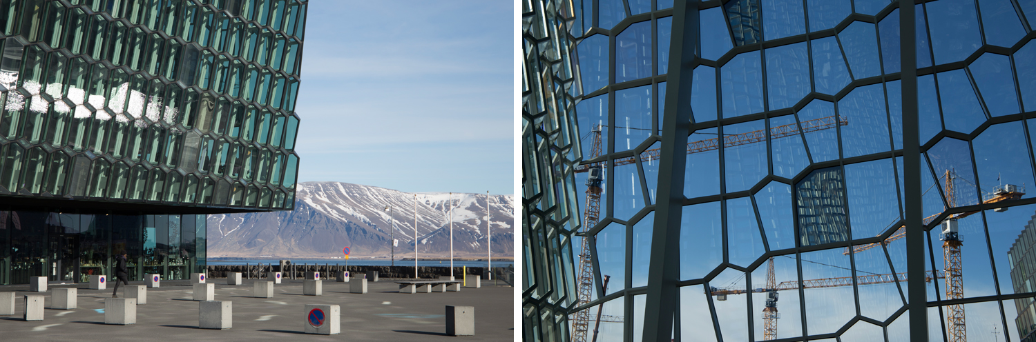 Left: The Harpa Concert Hall in Reykjavík is a huge, cubic building clad in a mosaic of glass panels, each of them forming a different polygon shape. It sits right next to the sea and the snow covered mountains across the bay. Right: A detail of the glass panels from the inside, with some construction site cranes visible on the other side.