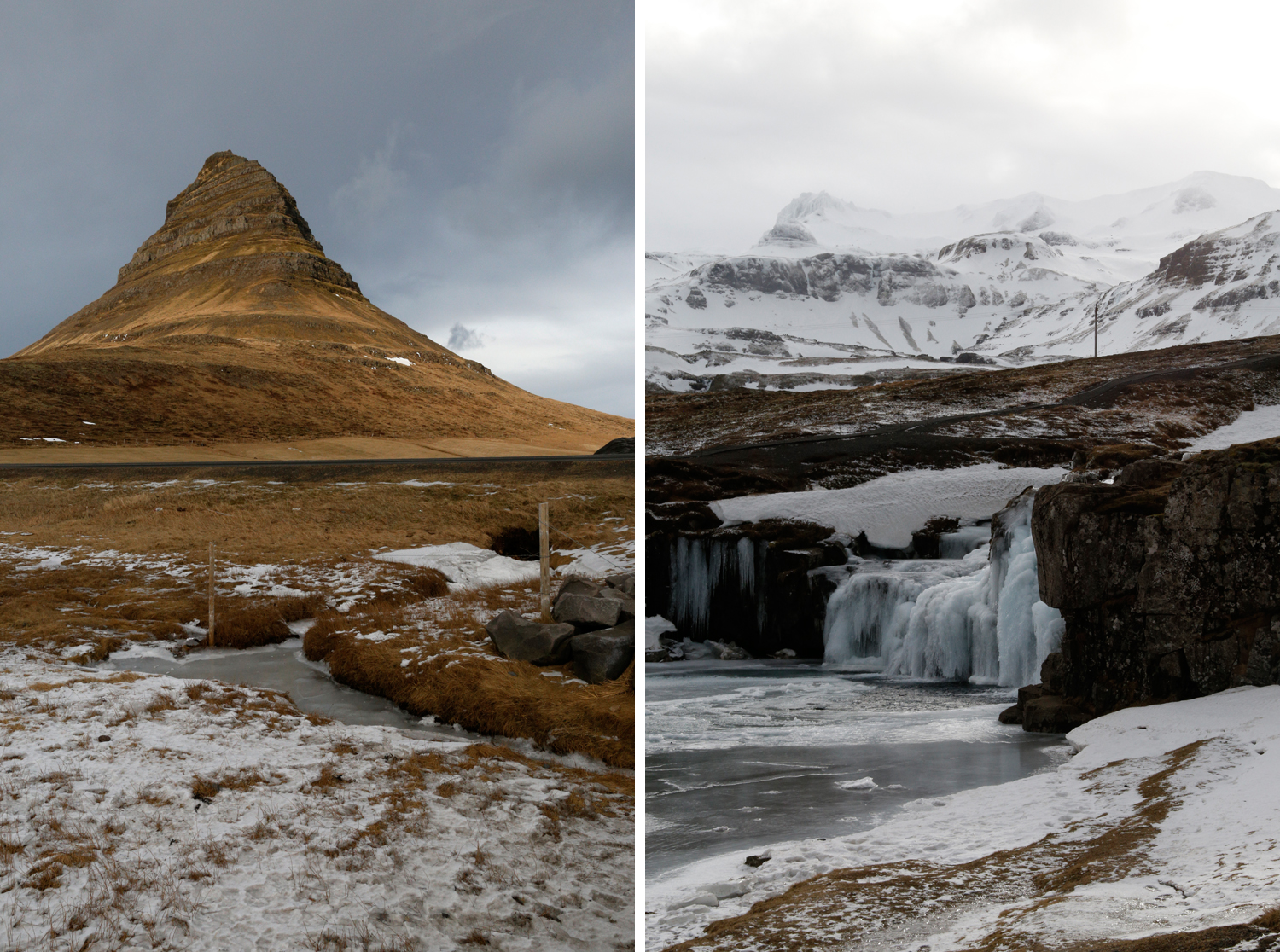 Left: Mount Kirkjufell is a steep mountain with an almost triangular shape. It's light brown vegetation sets itself apart from a dramatic grey sky. Right: Kirkjufellsfoss waterfall is half frozen. Its large icicles fit well into surroundings dominated by ice and snow.